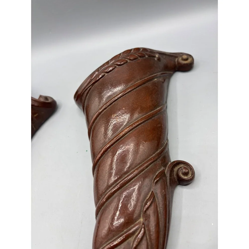 Vintage Syroco Wood Cornucopia‎ Wall Pockets Pair Brown Resin Decor